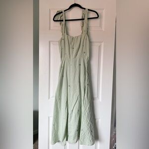 Fanm Mon Women's Green Sara Shoulder-Tie Bow Linen Midi Dress